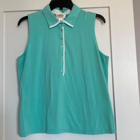 Talbots teal and white collared sleeveless shirt. Snap front closure. Large
C - Picture 1 of 7